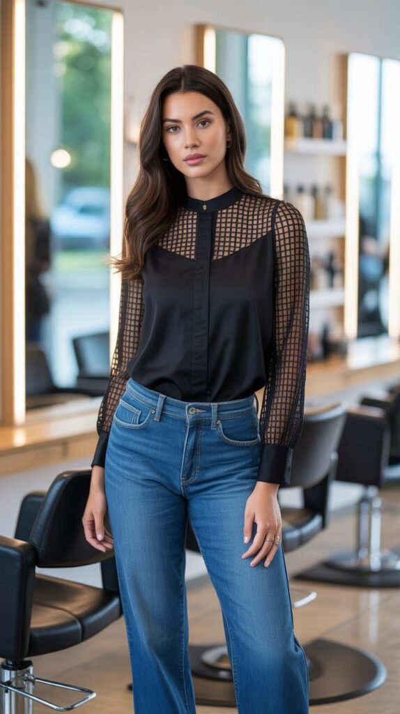 Mesh Panel Top with Straight-Leg Jeans