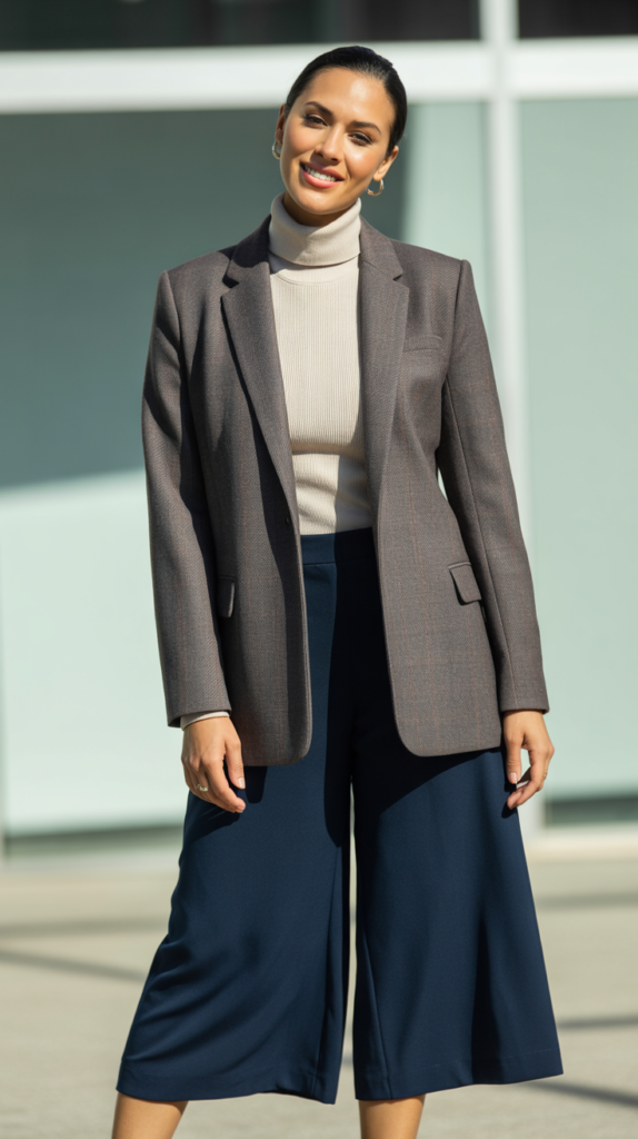 Wool Blend Blazer with Turtleneck and Culottes