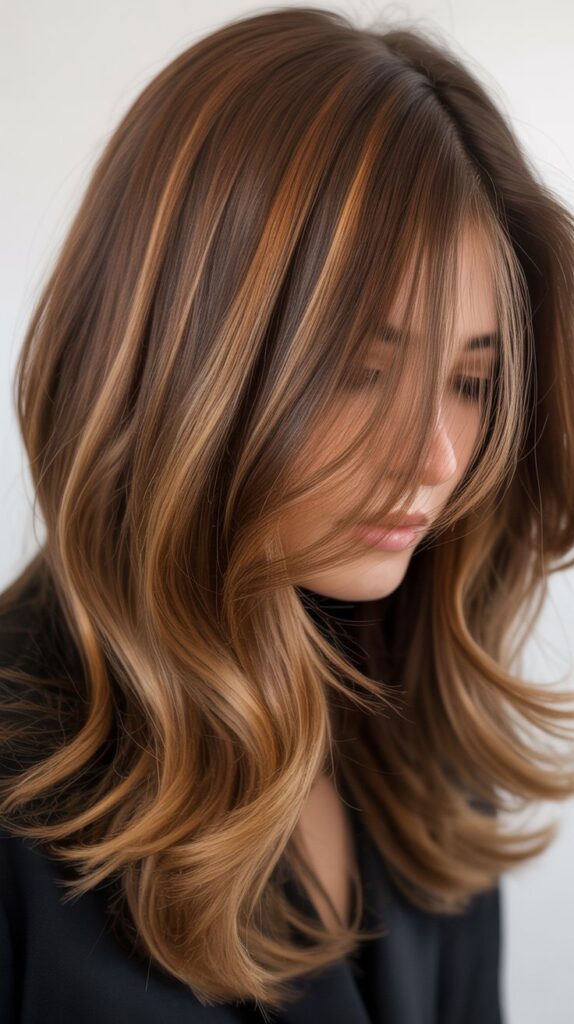 34 Trendy Brunette Balayage Hairstyles with a Money Piece 27 Warm Brunette Base with Bronde Balayage Money Piece