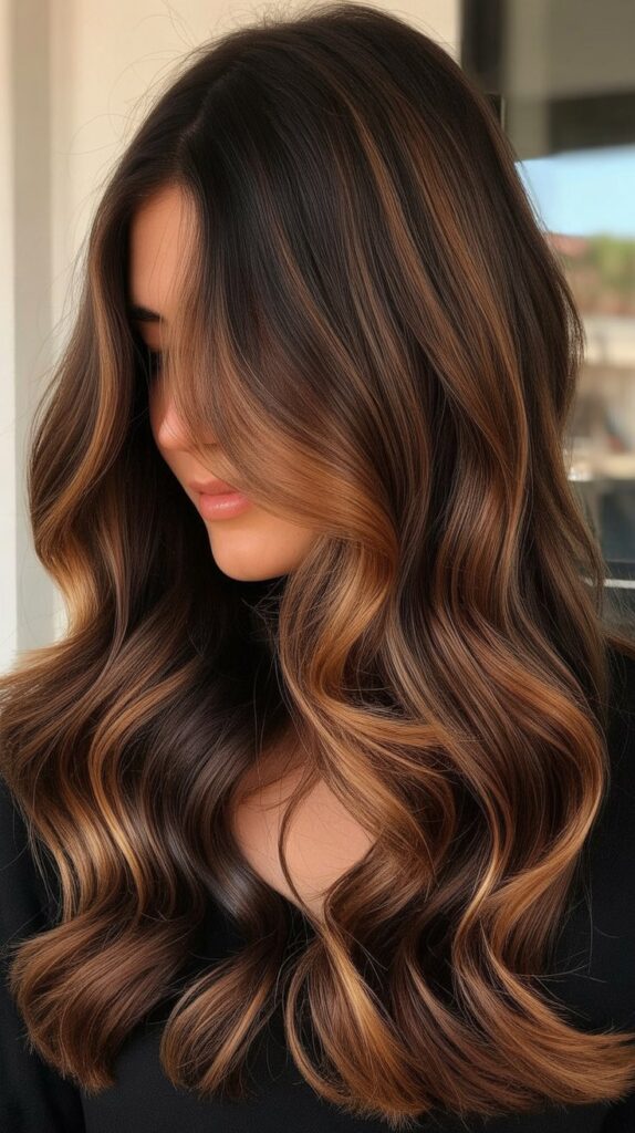 34 Trendy Brunette Balayage Hairstyles with a Money Piece 25 Chocolate Cherry Balayage with Amber Money Piece