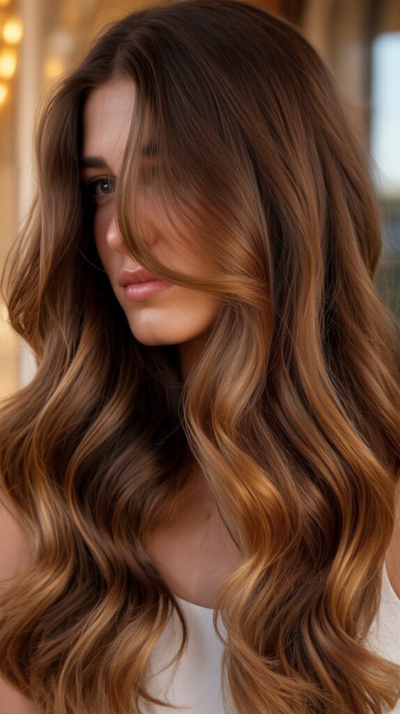 34 Trendy Brunette Balayage Hairstyles with a Money Piece 5 Chestnut Balayage with Butterscotch Money Piece