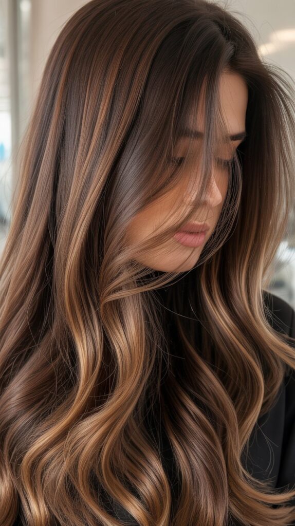 27 Stunning Brunette with Highlights and Lowlights Ideas 15 Caramel Balayage with Deep Root Shadow