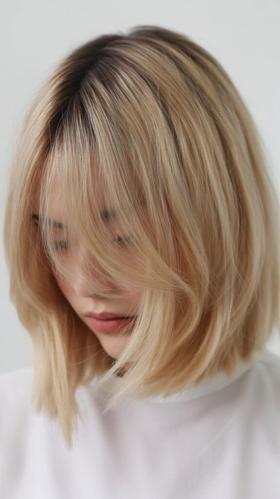 Cool Blonde Lob with Layered Curtain Bangs
