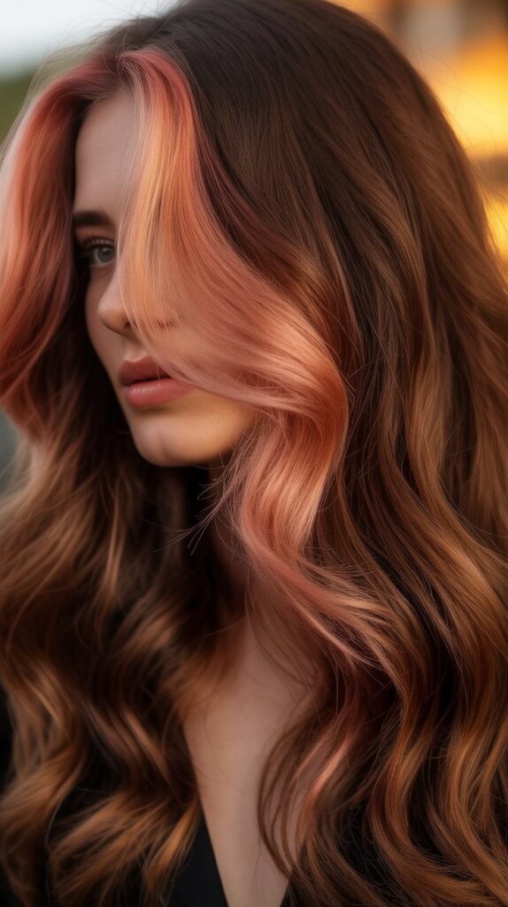 34 Trendy Brunette Balayage Hairstyles with a Money Piece 12 Auburn Balayage with Strawberry Blonde Money Piece