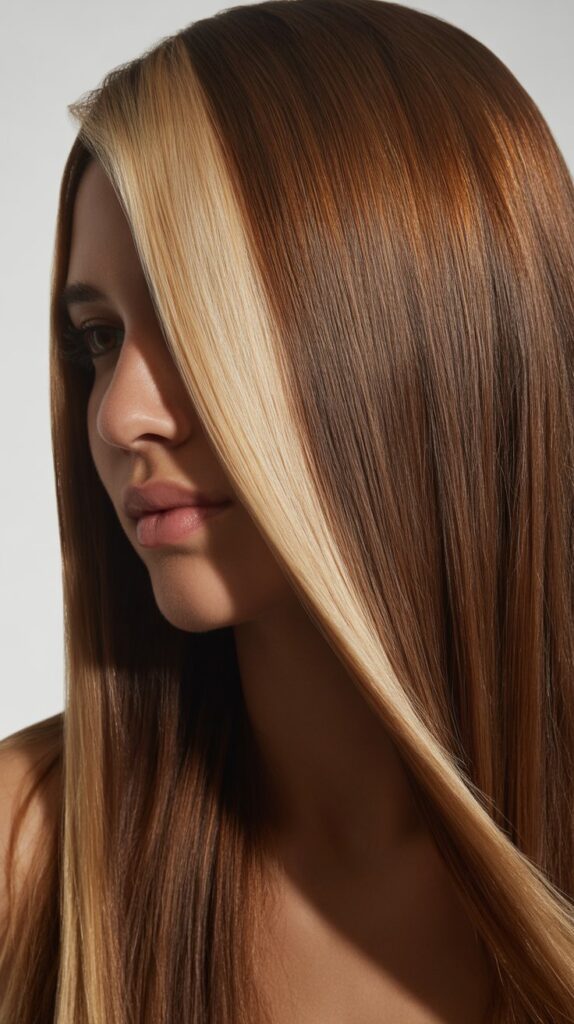 34 Trendy Brunette Balayage Hairstyles with a Money Piece 9 . Cool Brown Balayage with Champagne Money Piece