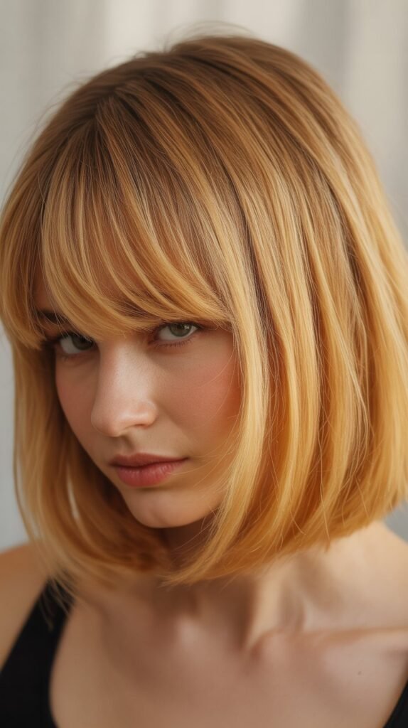 Golden Blonde Lob with Layered Curtain Bangs