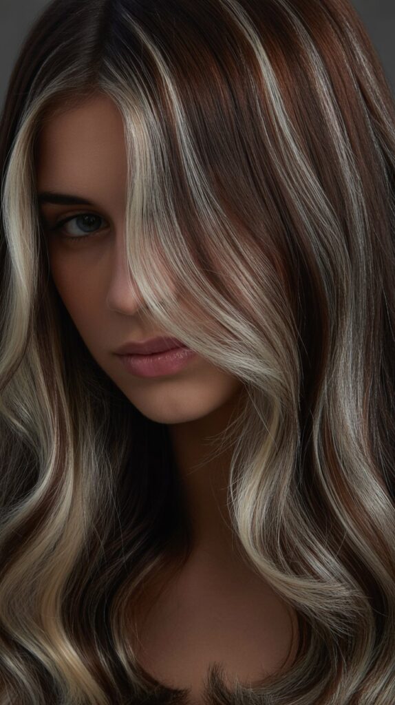 34 Trendy Brunette Balayage Hairstyles with a Money Piece 21 Dark Ash Brown with Smoky Blonde Money Piece