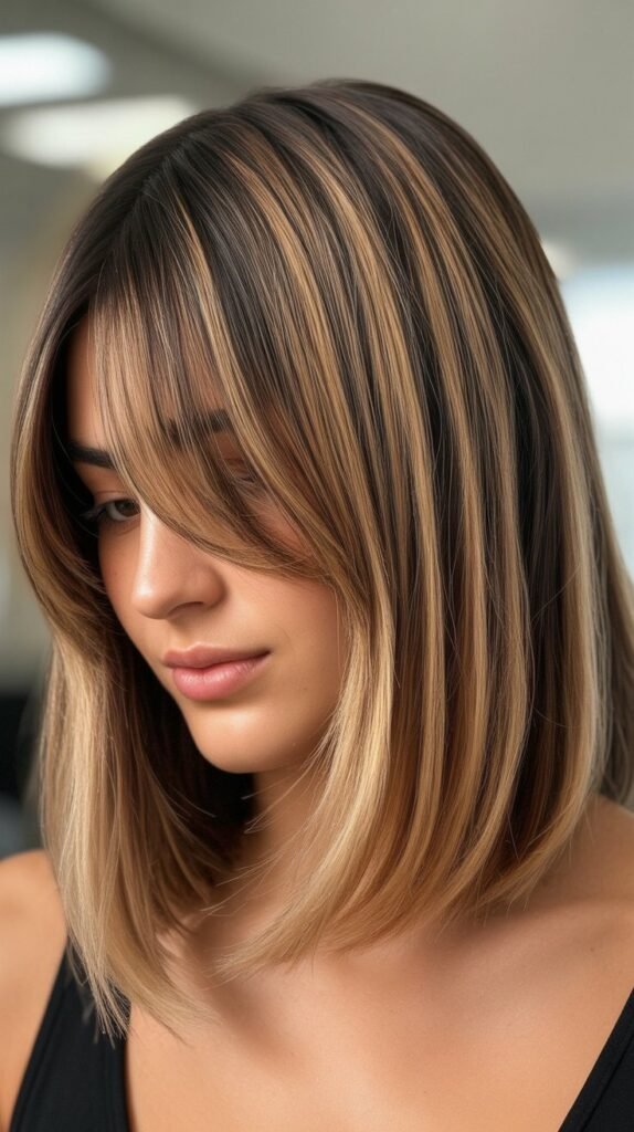 Long Bob with Curtain Bangs and Balayage Highlights