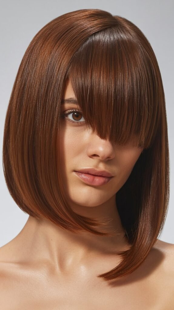 Sleek Long Bob with Side-Swept Curtain Bangs