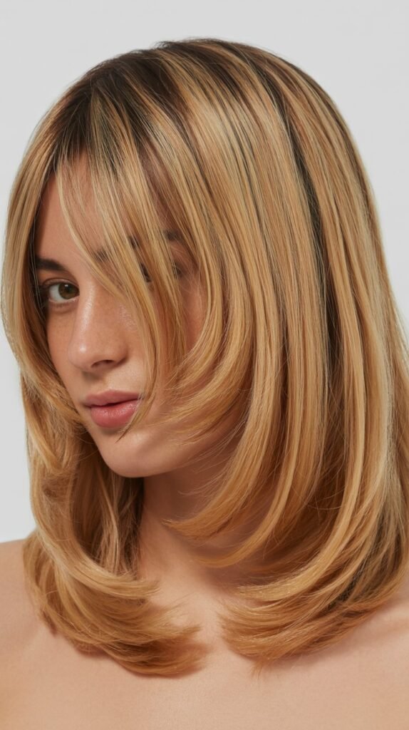 Long Bob with Curtain Bangs and Peek-a-Boo Highlights