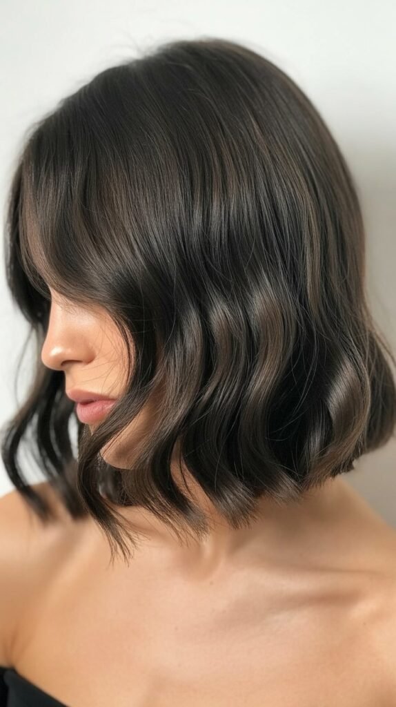 Blunt Cut Long Bob with Curtain Bangs and Waves