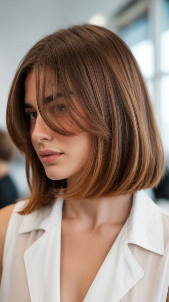 Soft A-Line Long Bob with Graduated Curtain Bangs