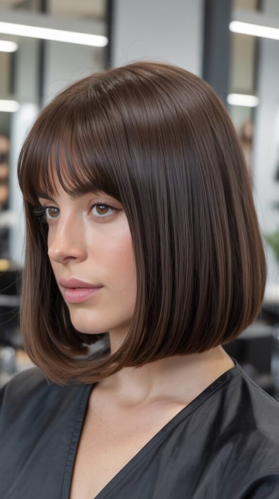 Sleek A-Line Lob with Center-Parted Curtain Bangs