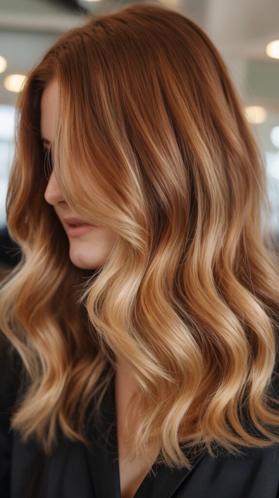 Champagne Blonde with Auburn Highlights and Lowlights