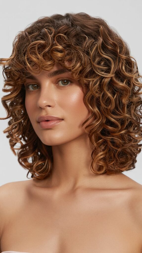 Curly Long Bob with Curly Curtain Bangs