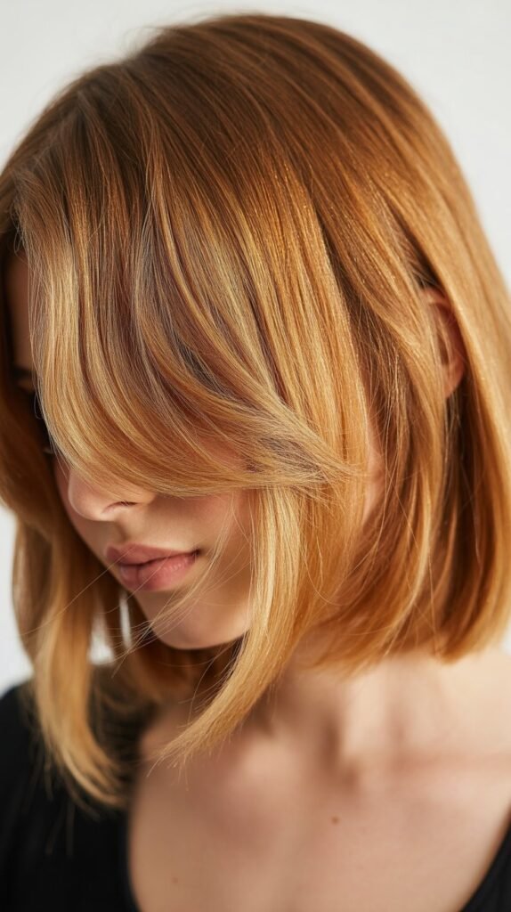 Honey Blonde Lob with Wispy Curtain Bangs