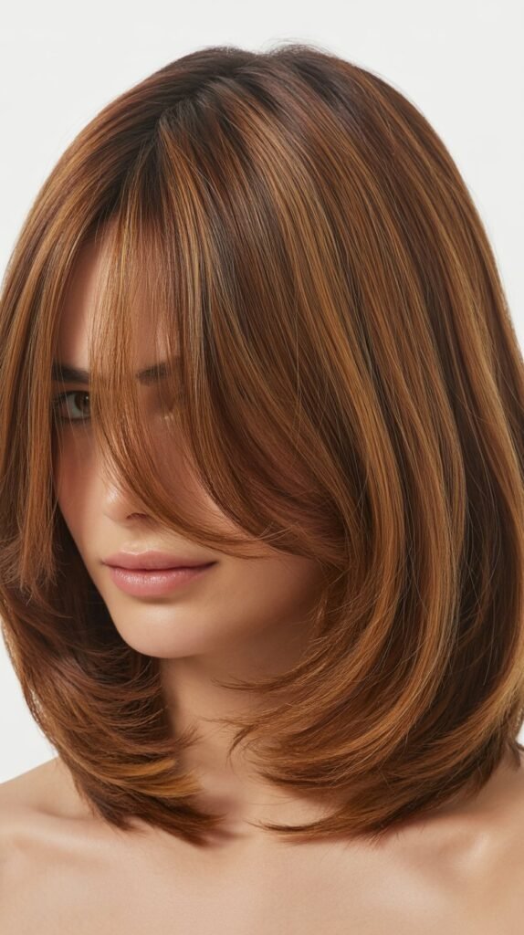 Long Bob with Curtain Bangs and Lowlights