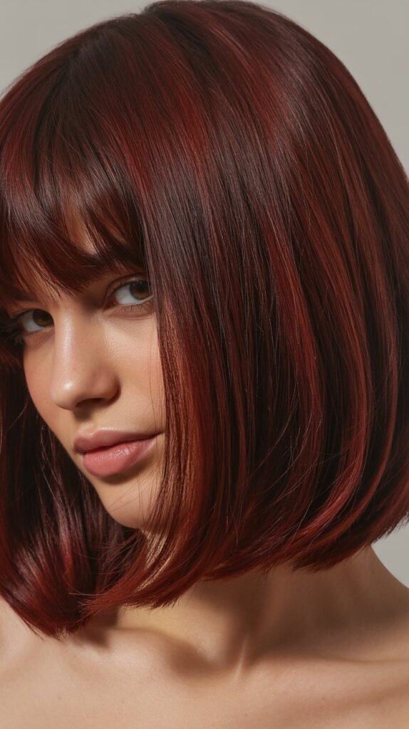  Long Bob with Curtain Bangs and Burgundy Color