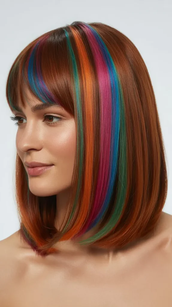 Long Bob with Curtain Bangs and Hidden Rainbow