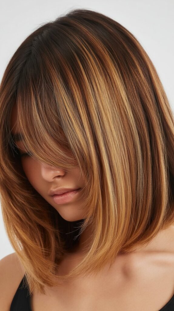 Long Bob with Curtain Bangs and Balayage Ombre