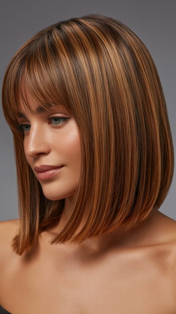  Long Bob with Curtain Bangs and Caramel Highlights