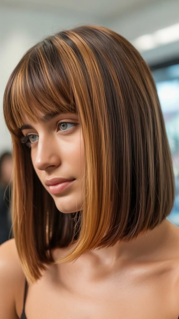 Long Bob with Curtain Bangs and Money Piece Highlights