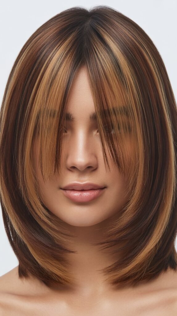 Long Bob with Curtain Bangs and Lowlights