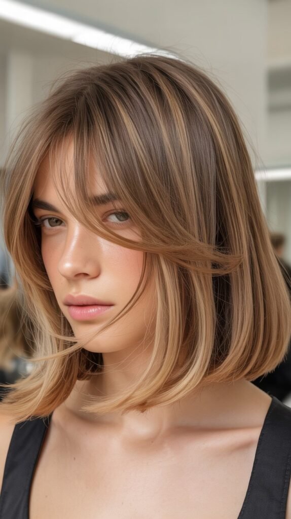 Long Bob with Curtain Bangs and Lived-In Color