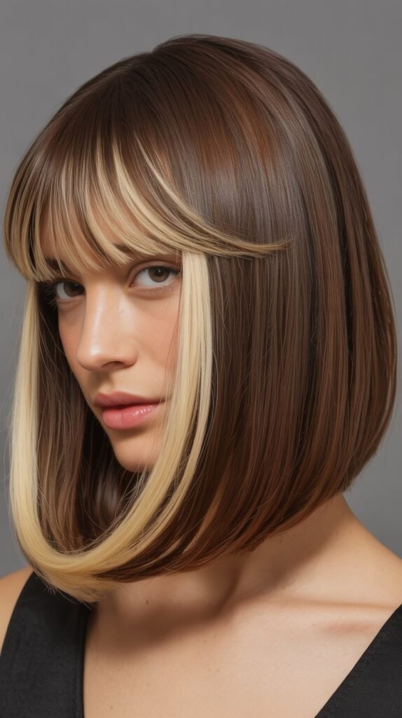 Long Bob with Curtain Bangs and Money Pieces