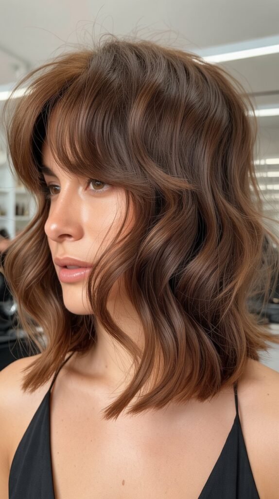 Tousled Long Bob with Messy Curtain Bangs