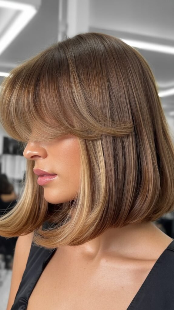Long Bob with Curtain Bangs and Money Pieces