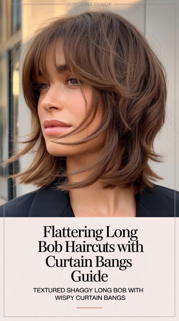 Textured Shaggy Long Bob with Wispy Curtain Bangs