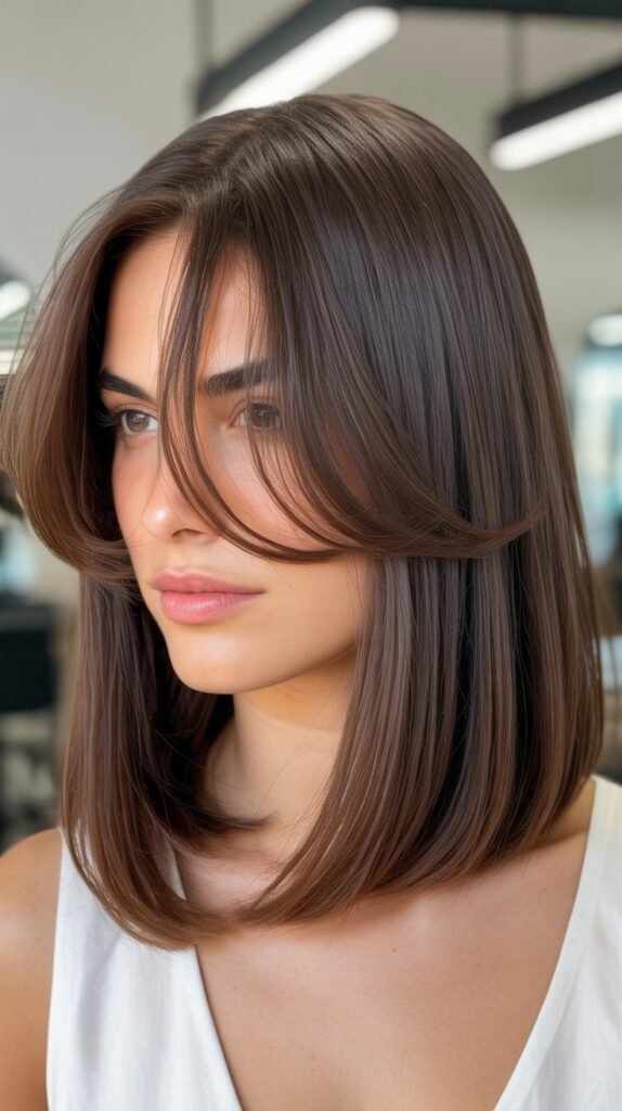 Classic Long Bob with Center-Parted Curtain Bangs
