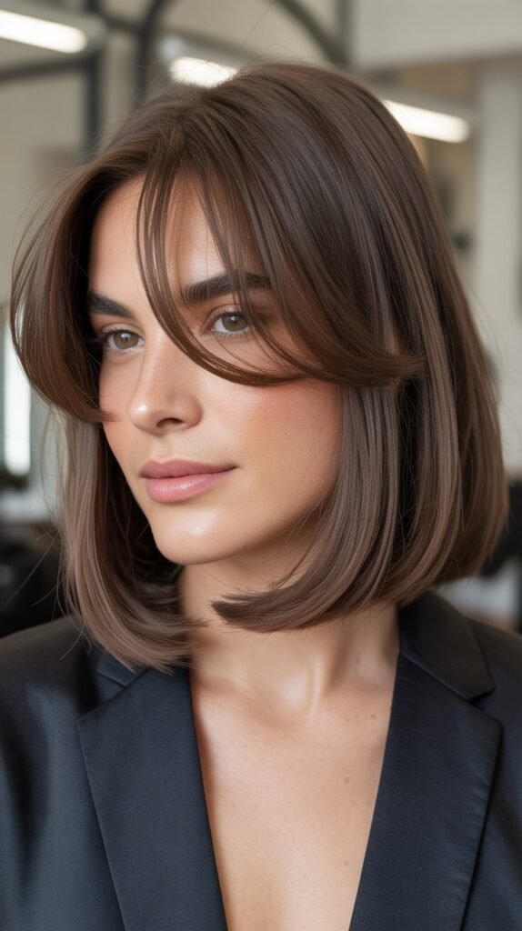 Long Bob with Curtain Bangs for Round Faces