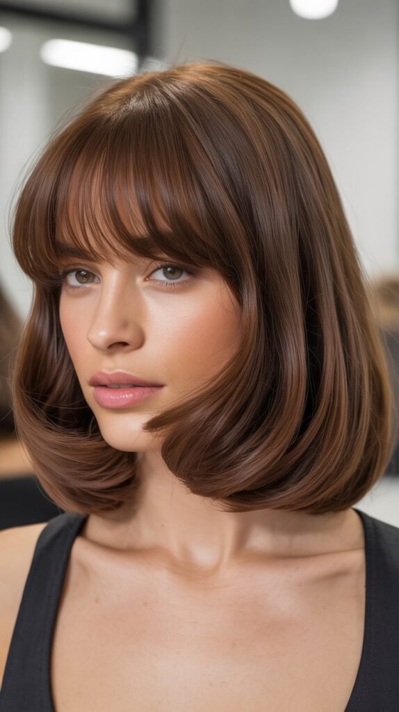 Rounded Long Bob with Full Curtain Bangs