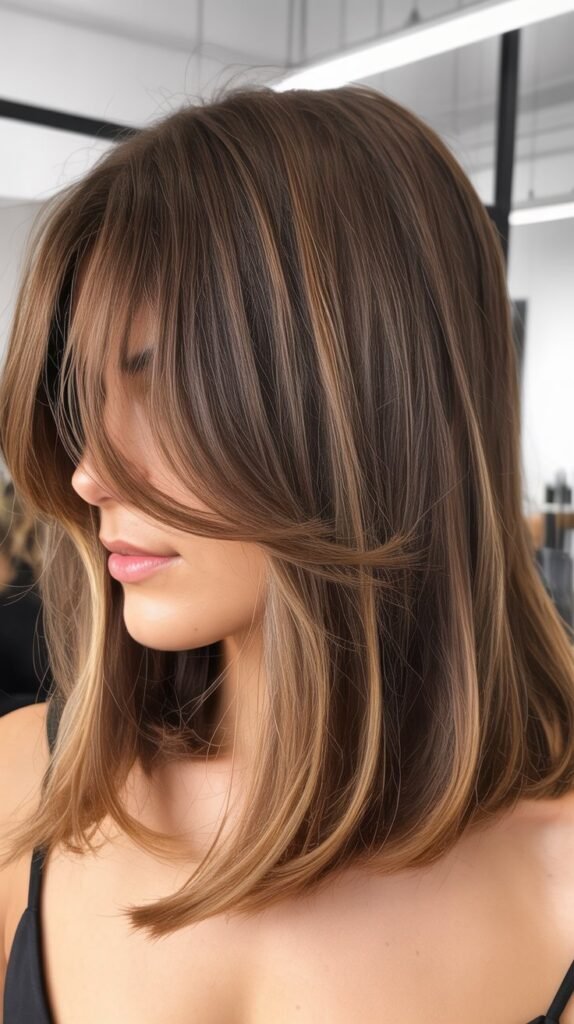 Textured Balayage Long Bob with Curtain Bangs
