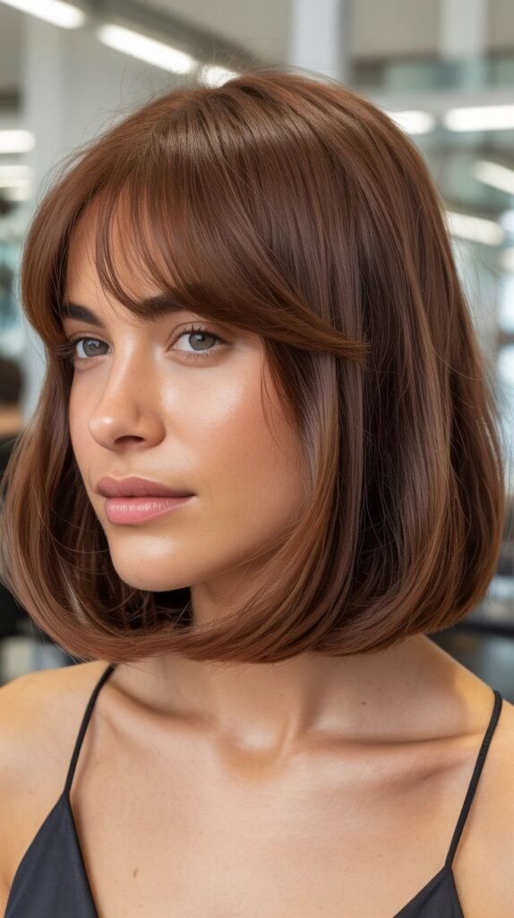 Angled Long Bob with Side-Swept Curtain Bangs