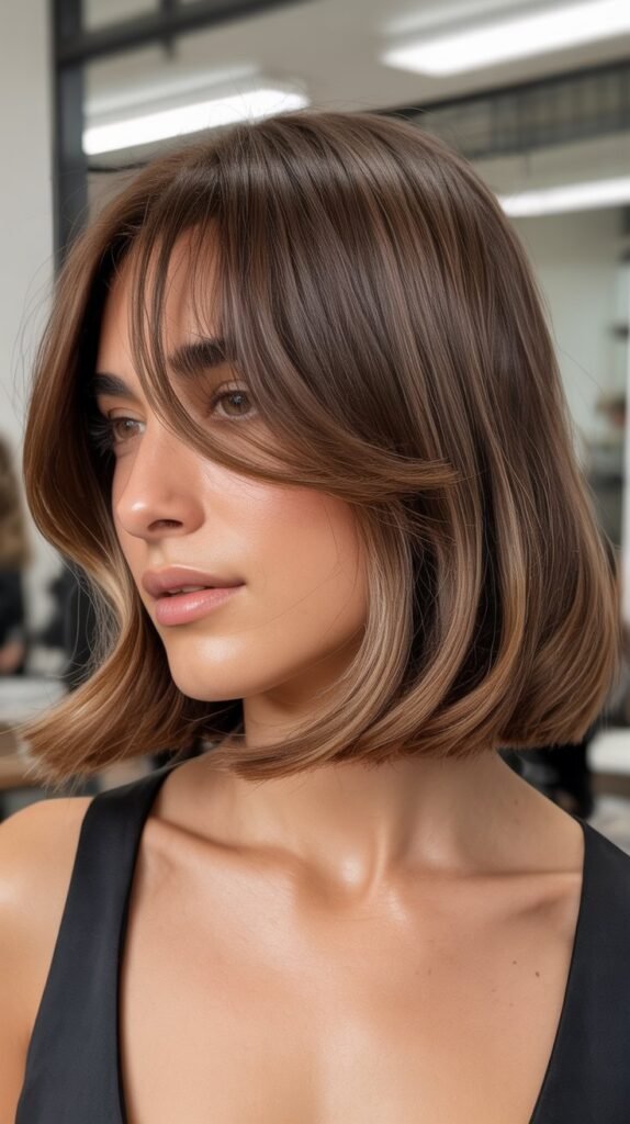 Asymmetrical Long Bob with Off-Center Curtain Bangs