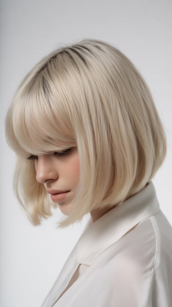 Classic Platinum Long Bob with Soft Curtain Bangs