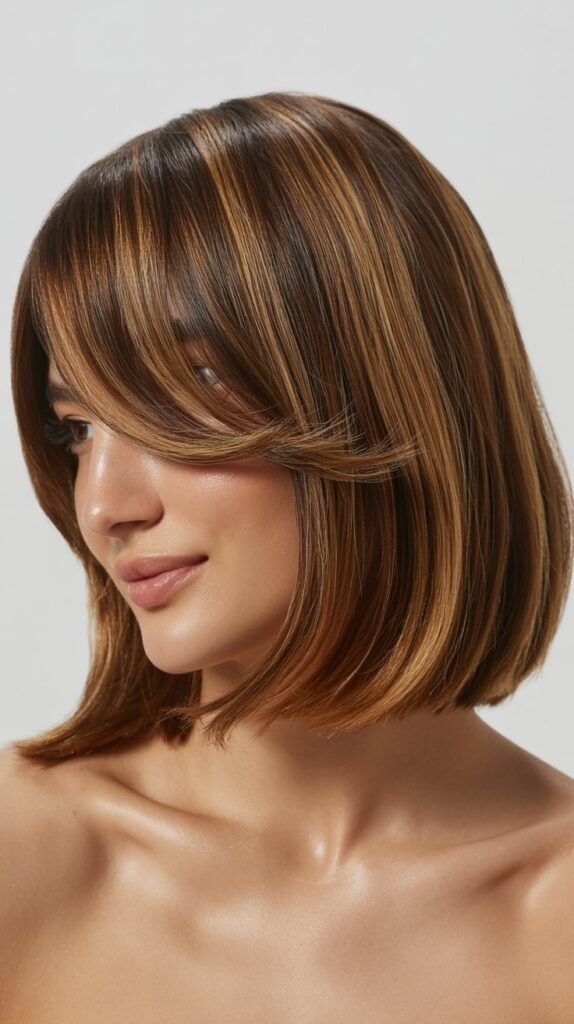 Long Bob with Side Part and Asymmetric Curtain Bangs