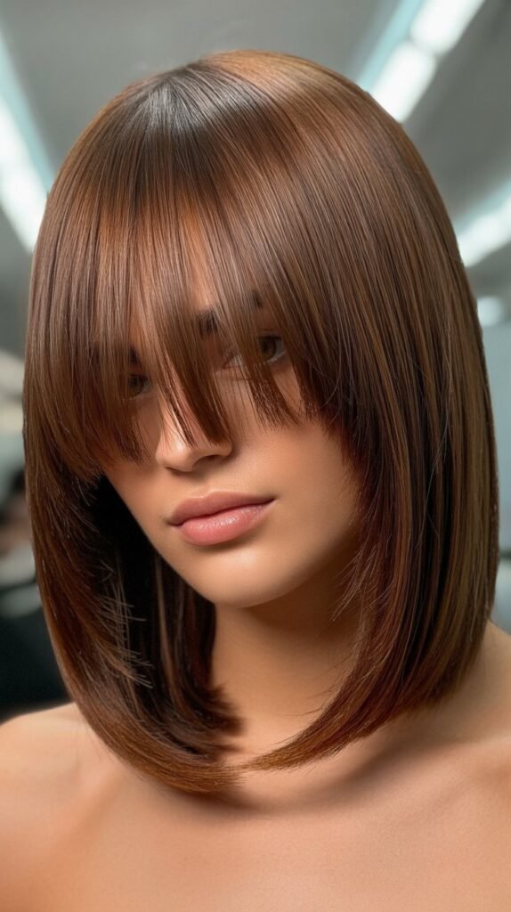 Blunt Cut Long Bob with Thick Curtain Bangs