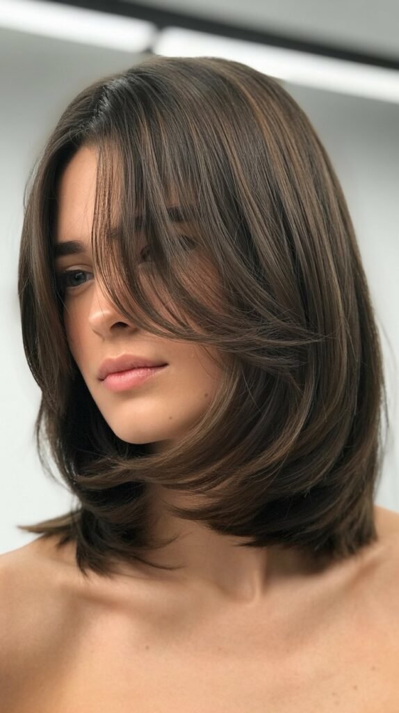 Long Bob with Curtain Bangs and Blended Layers