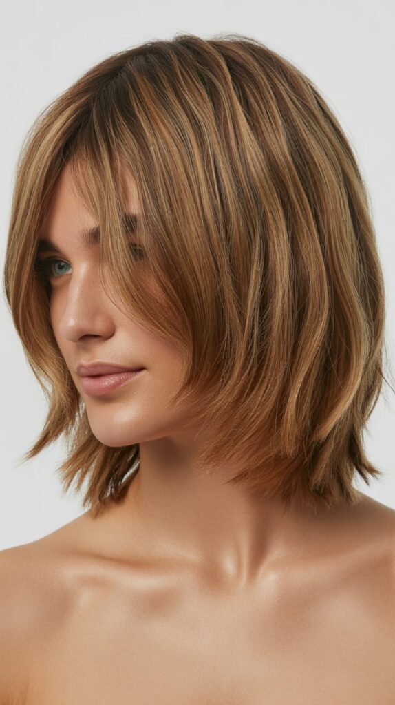 Choppy Long Bob with Textured Curtain Bangs