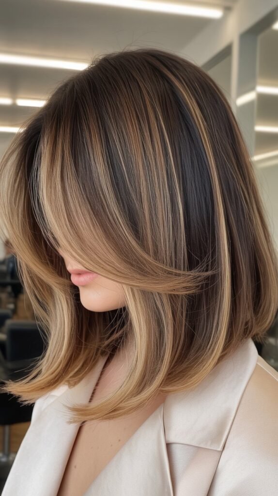  Dimensional Long Bob with Balayage and Curtain Bangs