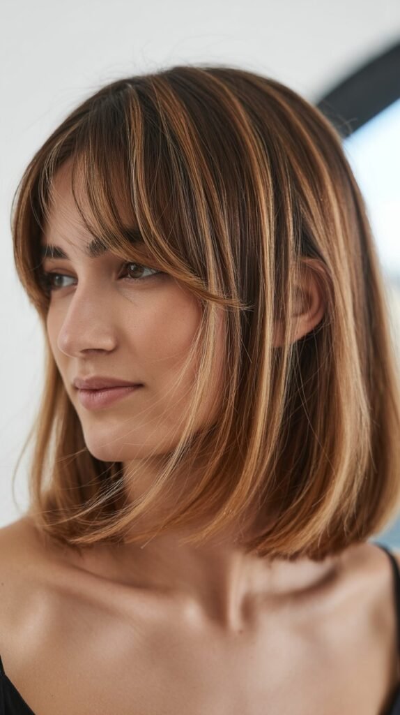 Long Bob with Curtain Bangs and Babylights