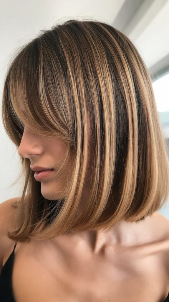 Long Bob with Curtain Bangs and Babylights