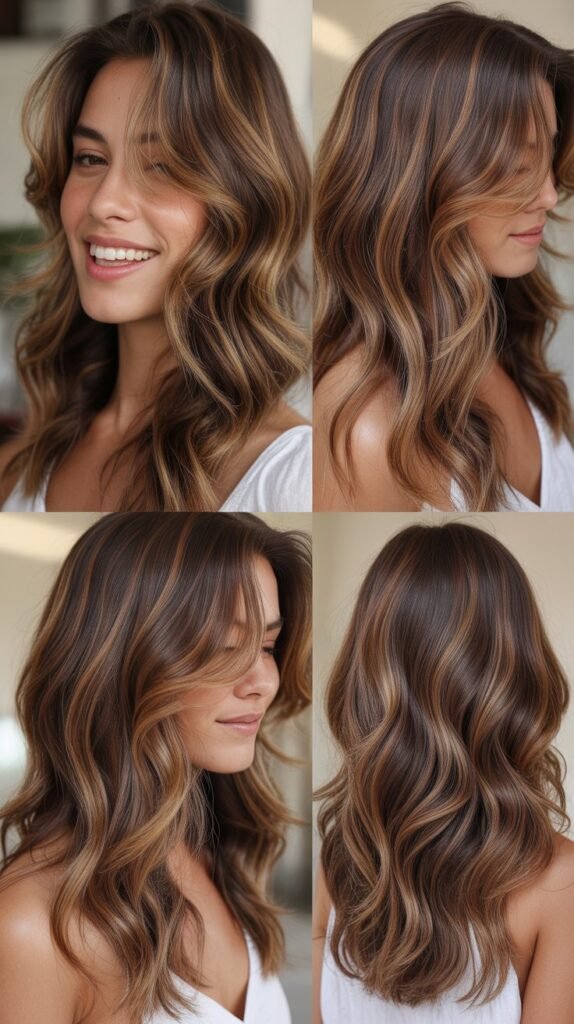 Caramel Highlights on Brown Waves with Textured Ends