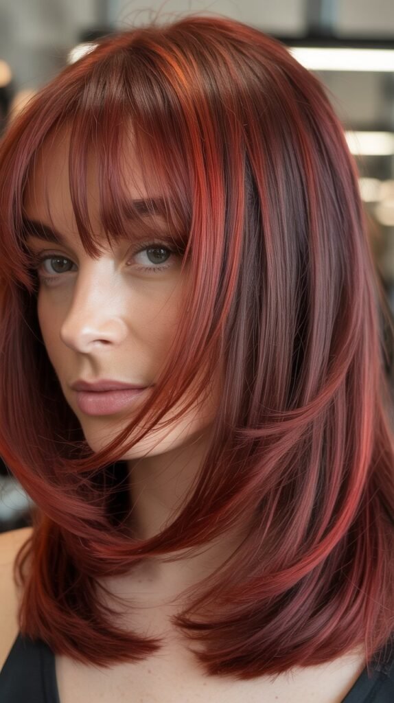 Long Bob with Curtain Bangs and Red Tones