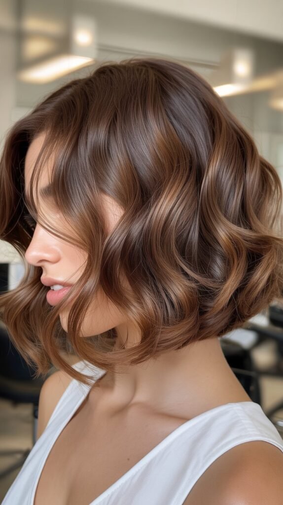 Romantic Angled Bob with Soft Waves and Layers