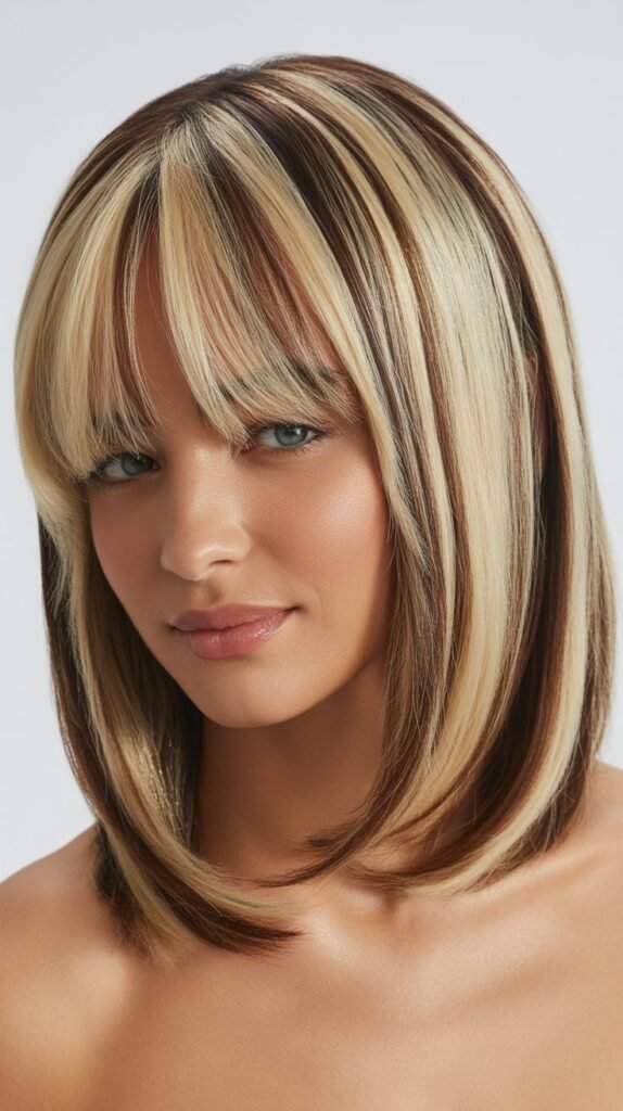 Long Bob with Curtain Bangs and Platinum Highlights